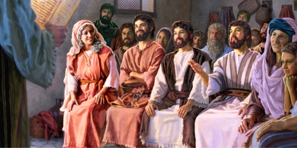 Maria sit by haar seuns tydens ’n Christelike vergadering; een van hulle lewer ’n kommentaar