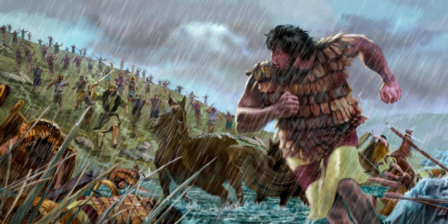 Barak en sy manne hardloop by die berg Tabor af en storm op Sisera en sy leër af