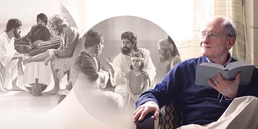Terwyl ’n volwasse Christenbroer die Bybel lees, vorm hy ’n beeld van Jesus se voorbeeld in sy gedagtes
