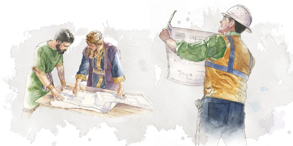 Koning Dawid wys vir ’n man die bouplan vir die tempel; ’n broer kyk na ’n bouplan