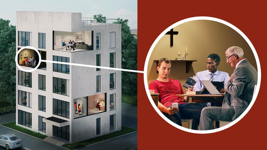 Twee broers hou ’n Bybelstudie met ’n jong man wat nie aandag skenk nie.