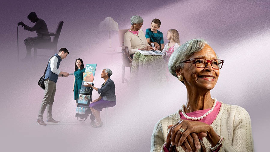 Collage: ’n Getroue suster kan nie meer so baie doen as gevolg van haar ouderdom nie. 1. Sy hou vas aan ’n kierie terwyl sy sit en bid. 2. Sy doen openbare getuieniswerk saam met ’n jong suster. 3. Sy wys ’n foto-album vir jong kinders wat in haar gemeente is. 4. Sy glimlag en sy lyk vol vertroue, sy voel aangemoedig en waardevol.