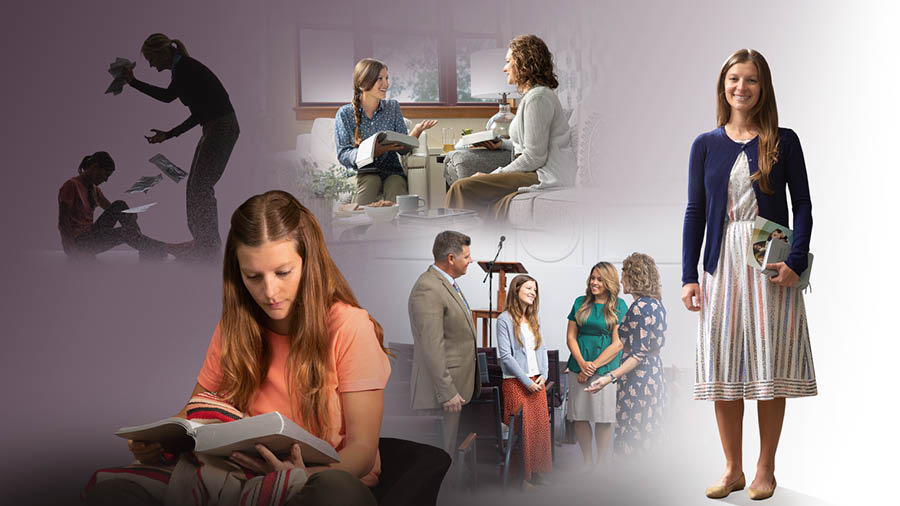 ’n Suster in die rol van Georgina staan en glimlag. Collage: 1. Sy sit op die vloer terwyl haar ma haar uitskel en haar lektuur skeer. 2. Sy lees die Bybel. 3. Sy en ’n ander suster studeer die Bybel saam. 4. Sy praat met broers en susters by die Koninkryksaal.