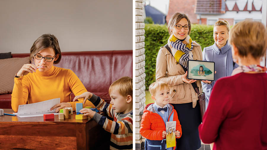 Collage: 1. ’n Suster wat na ’n kalender kyk terwyl haar jong seun naby haar speel. 2. Die suster saam met ’n ander suster in die bediening. Sy wys vir ’n vrou ’n video. Die suster se jong seun hou ’n pamflet in sy hande.