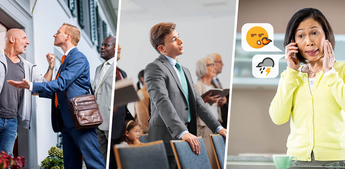 Collage: 1. ’n Huisbewoner is kwaad, en ’n broer reageer op ’n negatiewe manier. 2. ’n Jong broer sing nie uit die hart by ’n vergadering nie. 3. ’n Suster praat oor die foon. Emoji’s van ’n donderstorm en van vuur wat uit ’n mond uitkom, dui aan dat die gesprek negatief en skadelik is.