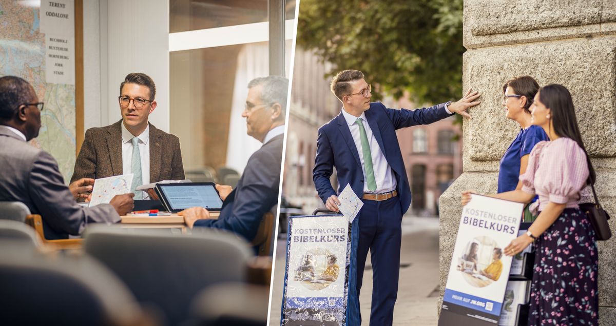 Collage: 1. Drie ouermanne kom by ’n Koninkryksaal bymekaar om hulle gemeente se gebied te bespreek. 2. Later sê een van die ouermanne vir twee susters hoe om veilig te wees wanneer hulle trollie-getuieniswerk doen.