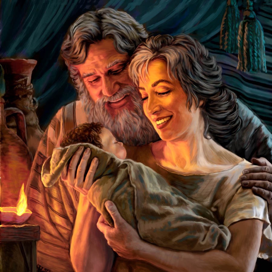 Abraham en Sara met hulle baba Isak