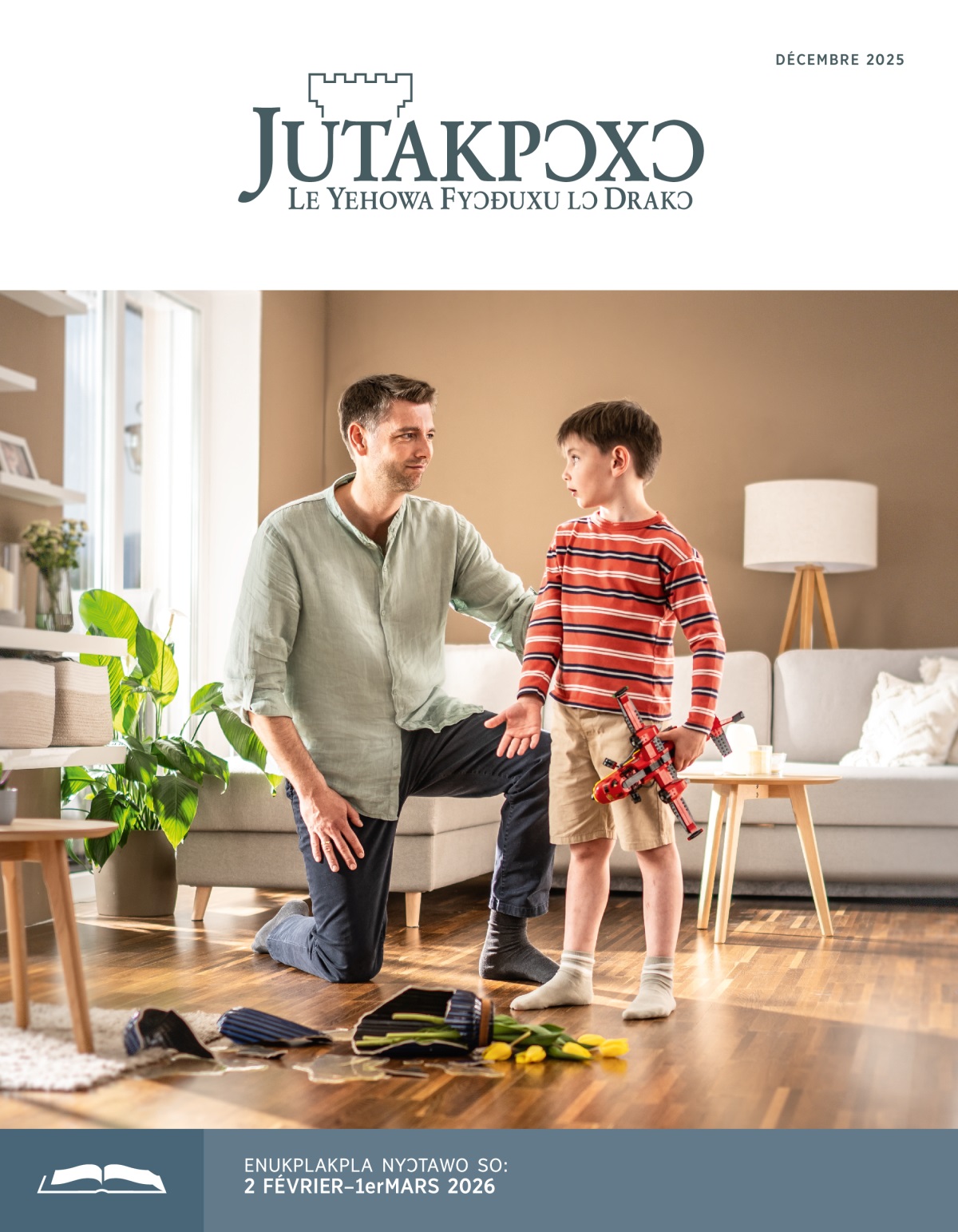 A father patiently listening to his young son as the boy explains how he accidentally broke a flower vase while playing with a toy plane.