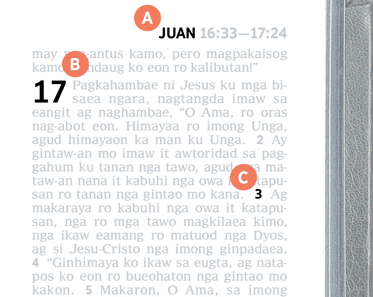 Ginapakita it A, B, ag C ro pahina sa Biblia.