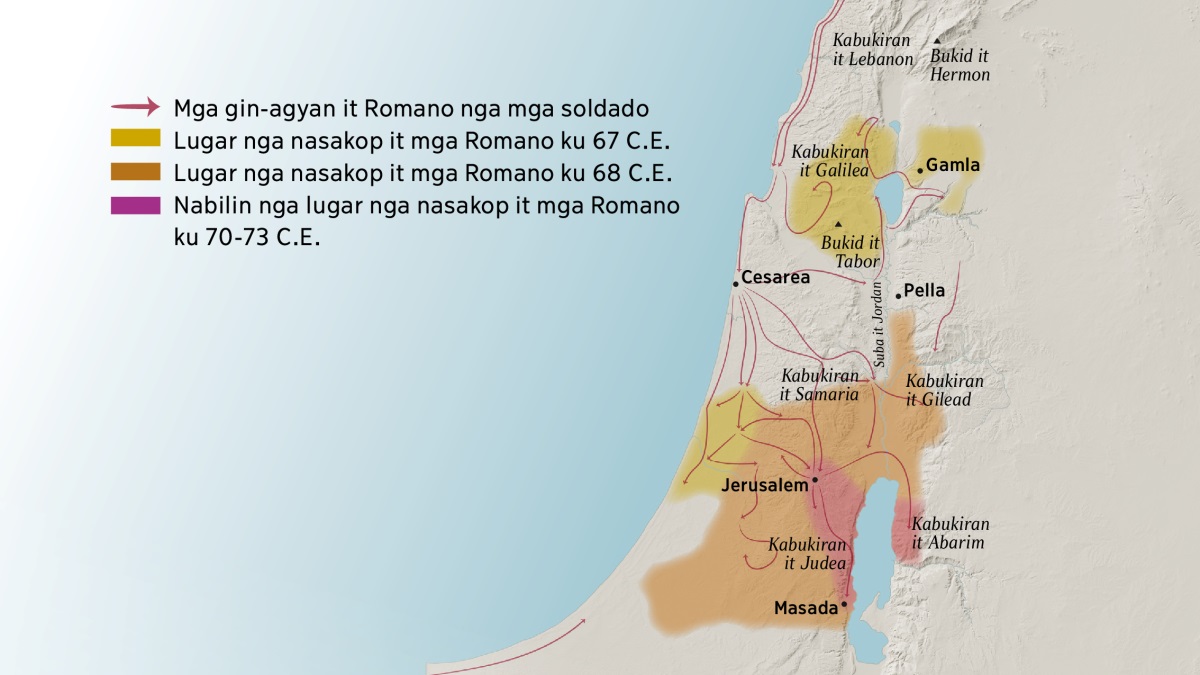 Ginapakita it mapa ro pila sa mga kabukiran ag mga syudad it Israel ku unang siglo. Makita sa north o amihan it Jerusalem ro mga kabukiran it Lebanon, Galilea, Samaria, ag Gilead, pati man ro Bukid it Hermon ag Bukid it Tabor. Ro mga syudad sa amihan it Jerusalem hay Gamla, Cesarea, ag Pella. Makita sa south o habagat it Jerusalem ro mga kabukiran it Judea ag Abarim, pati man ro syudad it Masada. Ginapakita man it mapa ro mga gin-agyan it mga Romano ag ro mga lugar nga andang nasakop halin ku 67 C.⁠E. hasta’t 73 C.⁠E.