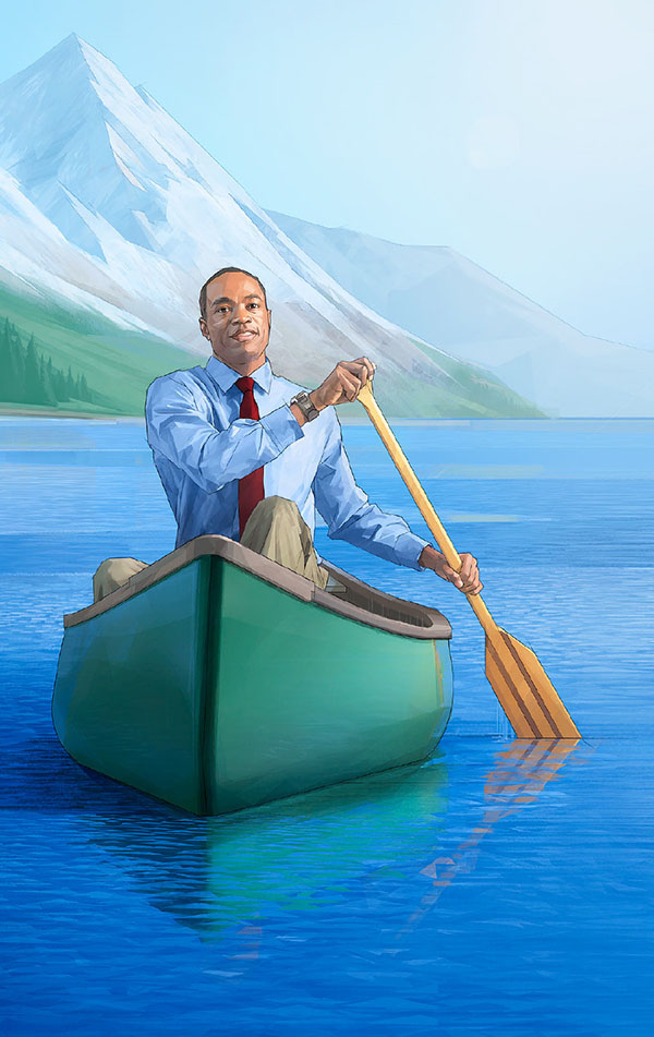 ጀልባውን ተረጋግቶ እየቀዘፈ ያለ ሰው