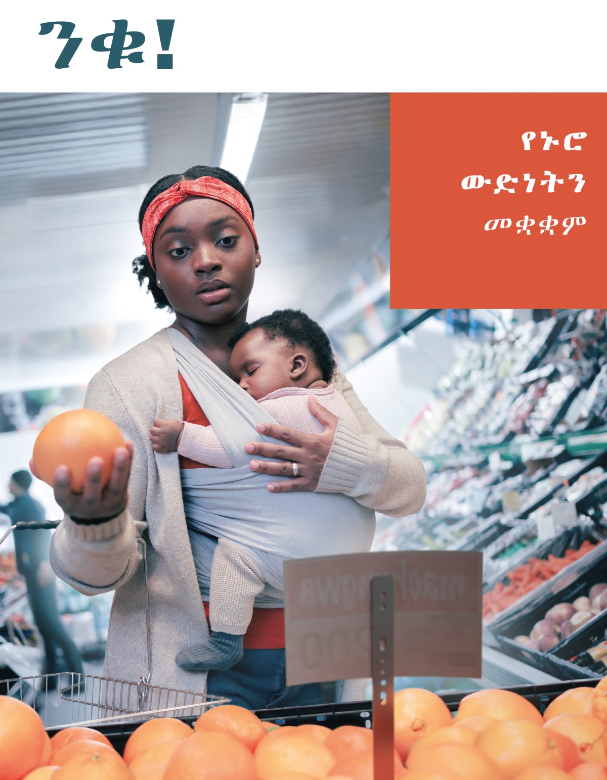 ገበያ የወጣች አንዲት እናት ልትገዛ ያነሳችው ፍራፍሬ ዋጋ አሳስቧት ቆም ብላለች፤ እንቅልፍ የወሰደውን ልጇን አቅፋለች።