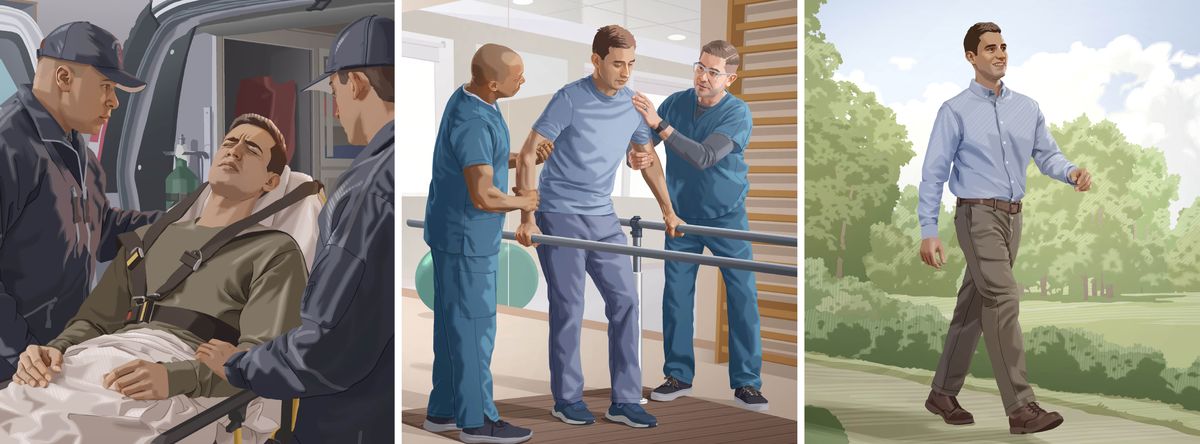Imágenes de un hermano herido que se recupera con el tiempo. 1. Los paramédicos se lo llevan en una ambulancia. 2. Recibe terapia física para volver a caminar. 3. Camina erguido y seguro.