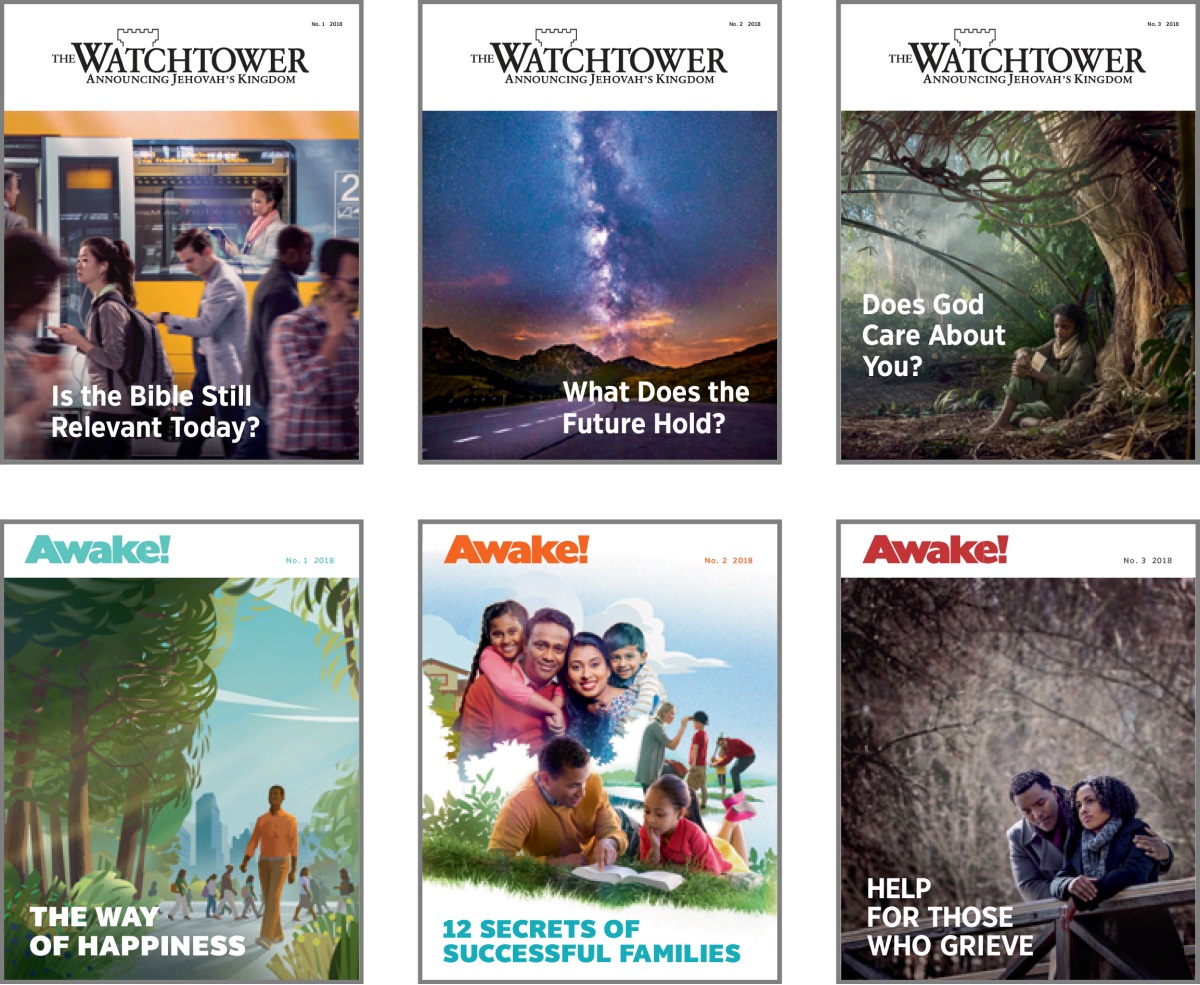 Collage: Cover subjects for ‘The Watchtower’ and ‘Awake!’ in 2018. 1. ‘Is the Bible Still Relevant Today?’ 2. ‘What Does the Future Hold?’ 3. ‘Does God Care About You?’ 4. ‘The Way of Happiness.’ 5. ‘12 Secrets of Successful Families.’ 6. ‘Help for Those Who Grieve.’