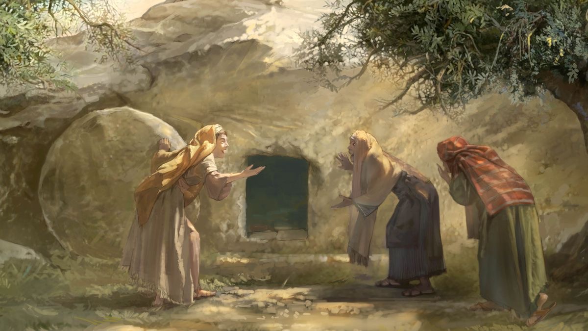Three women peering into Jesus’ empty tomb.