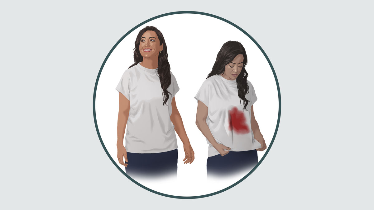 أخت تلبس بلوزة بيضاء عليها بقعة كبيرة لونها أحمر قرمزي.‏ لاحقًا،‏ الأخت تلبس البلوزة نفسها بعد أن اختفى كل أثر للبقعة
