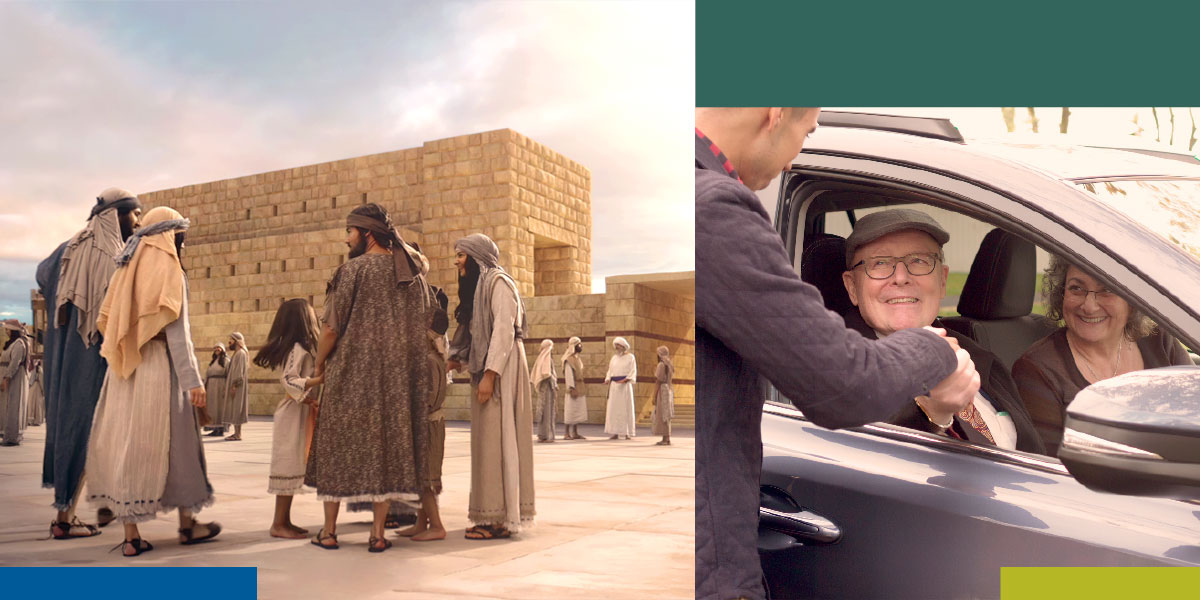 ١-‏ زوجان مسنان سعيدان في سيارتهما يلقيان التحية بفرح علی احد المارة.‏ ٢-‏ افراد عائلة زمن الكتاب المقدس واقفون في دار الهيكل بأورشليم.‏
