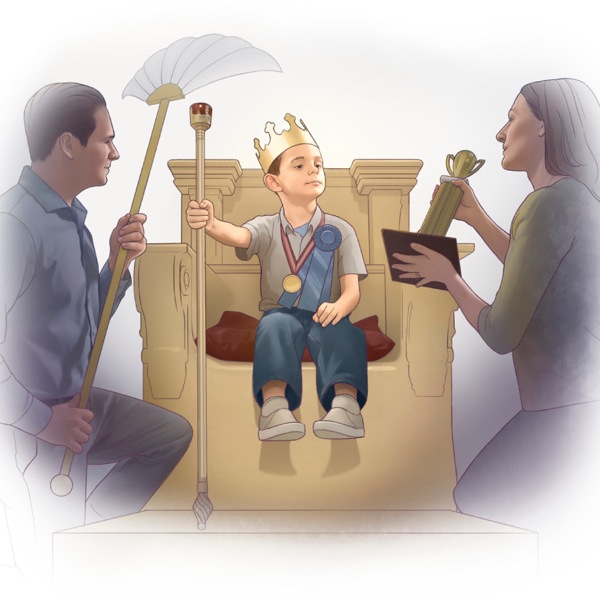والدان يبجِّلان ابنهما الجالس على العرش