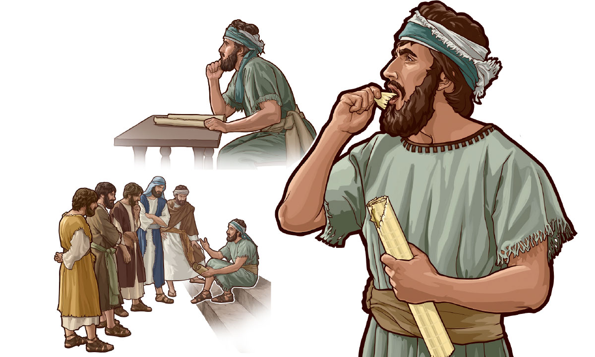 اكل حزقيال دَرجا يمثِّل رسالة اللّٰه ثم تكلَّم مع رجال اسرائيل