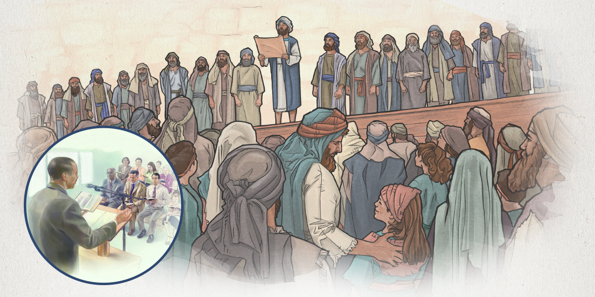 كاهن يفسِّر الشريعة لجمع من الاسرائيليين،‏ وشيخ يعلِّم من الكتاب المقدس في اجتماع الجماعة