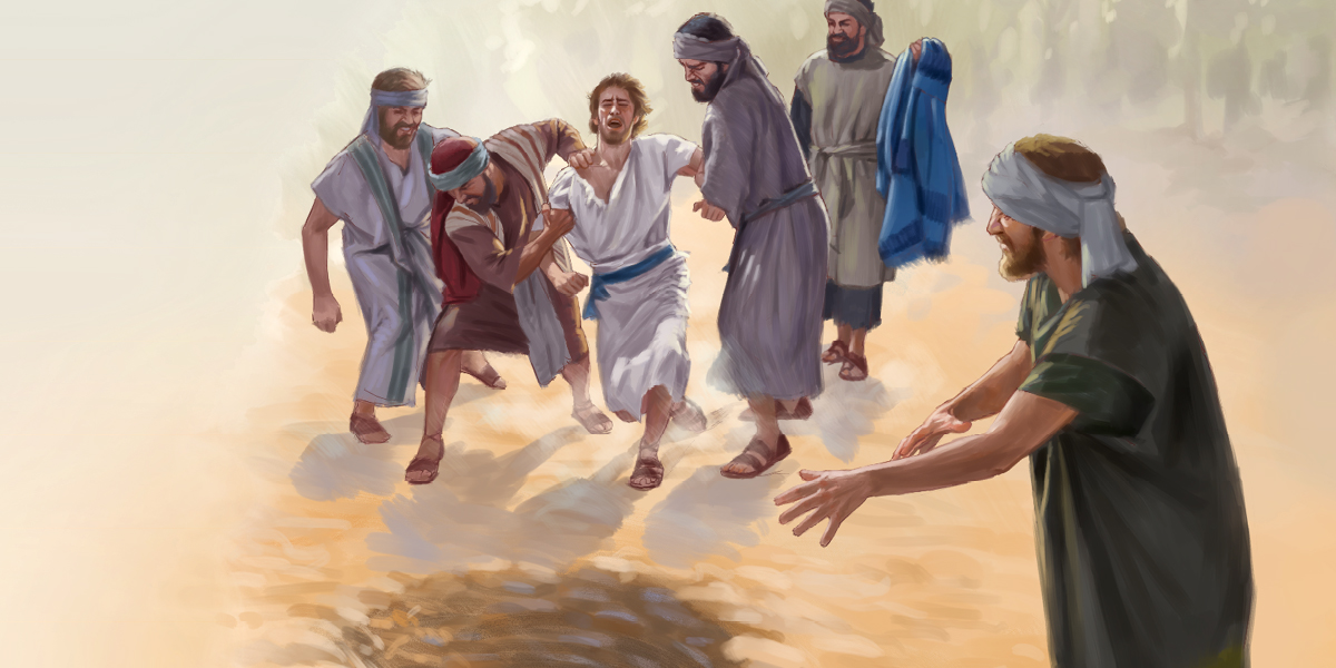اخوة يوسف يجرُّونه الی بئر فارغة.‏ احدهم يحمل ثوبه المميَّز.‏
