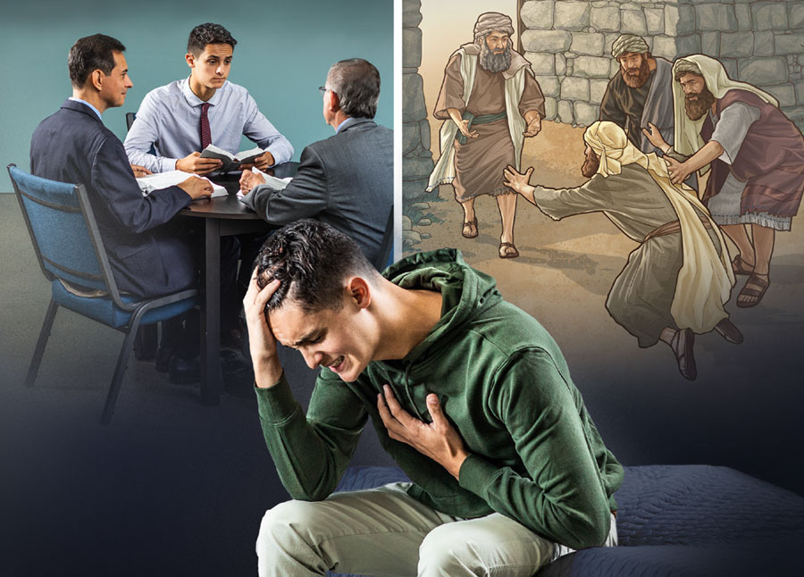 شاب يجلس حانيا ظهره من شدة الحزن ويطلب من يهوه ان يسامحه.‏ ١-‏ خاطیٔ تائب في اسرائيل القديمة يعرض قضيته امام الشيوخ عند بوابة المدينة.‏ ٢-‏ الشاب التائب في الصورة الاولی يلتقي شيخين