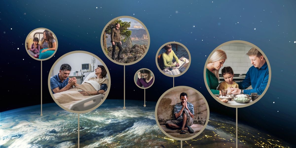 إخوة وأخوات حول العالم يصلُّون:‏ ١-‏ والدان مع ابنتهما الصغيرة قبل أن يأكلوا.‏ ٢-‏ أخ في أحد الدول النامية.‏ ٣-‏ أخت تستعد لتدرس.‏ ٤-‏ أخت متضايقة.‏ ٥-‏ أخ يتمشى في الطبيعة.‏ ٦-‏ أخ وزوجته المريضة في سرير بمستشفى.‏ ٧-‏ فتاة صغيرة وقت النوم وأمها بجانبها