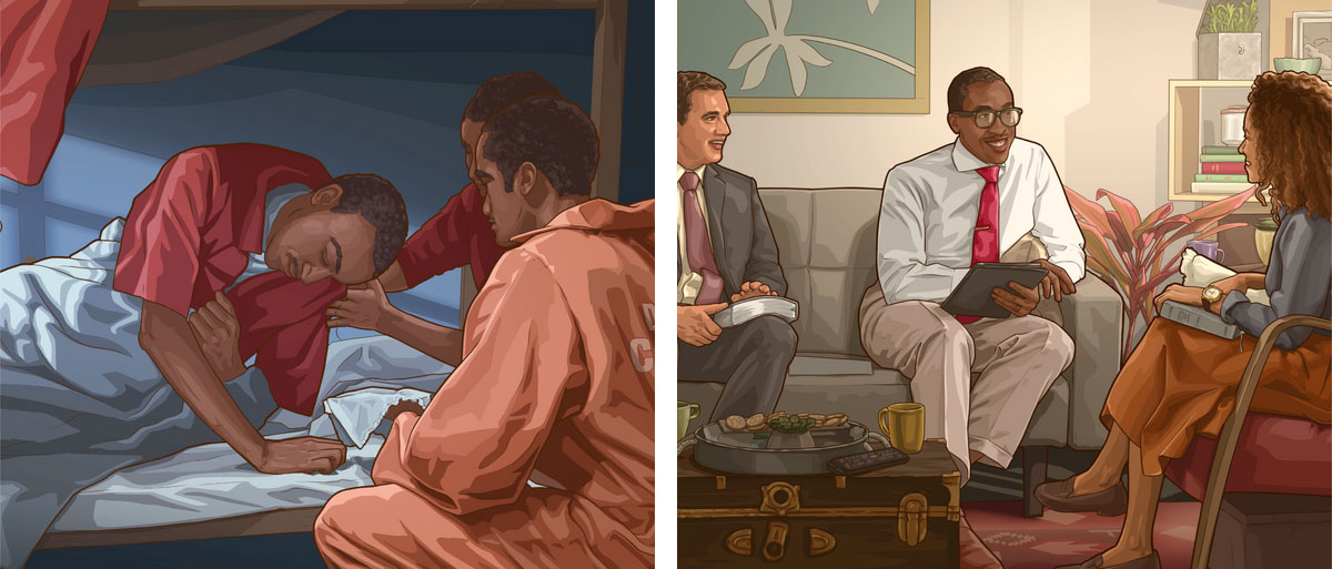 رسمان مؤسسان على الفيديو «تأملوا في محبة يهوه وولائه»:‏ ١-‏ الأخ بن وأخ آخر يزوران أختًا في بيتها.‏ ٢-‏ الأخ بن،‏ الآن مسجون في زنزانة مع بعض الإخوة،‏ يعطي طعامًا لأخ مريض نائم على سرير