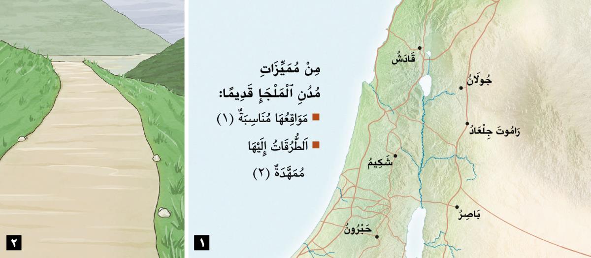خريطة تُظهر مدن الملجإ الست في اسرائيل،‏ وصورة لطريق سالكة