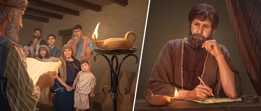 ١-‏ يعقوب ينظر الى لهب سراج فيما يكتب رسالة.‏ ٢-‏ جماعة في القرن الأول تسمع رسالة يعقوب تُقرأ عليهم.‏ وسراج يضيء الغرفة