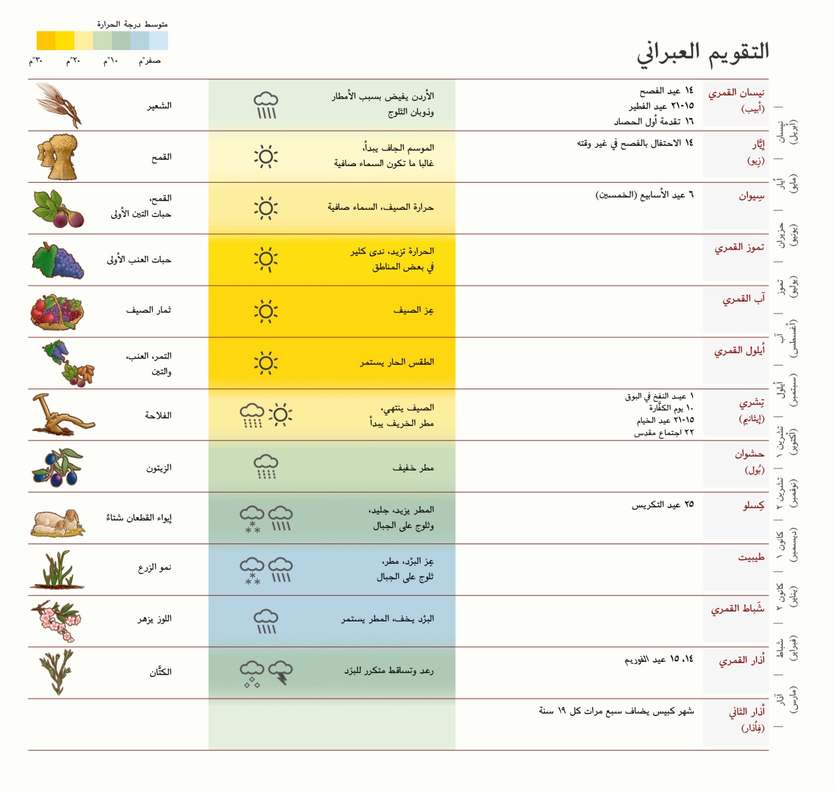 جدول للتقويم العبراني يُظهِر الشهور،‏ الأعياد والاحتفالات،‏ الطقس،‏ والمحاصيل