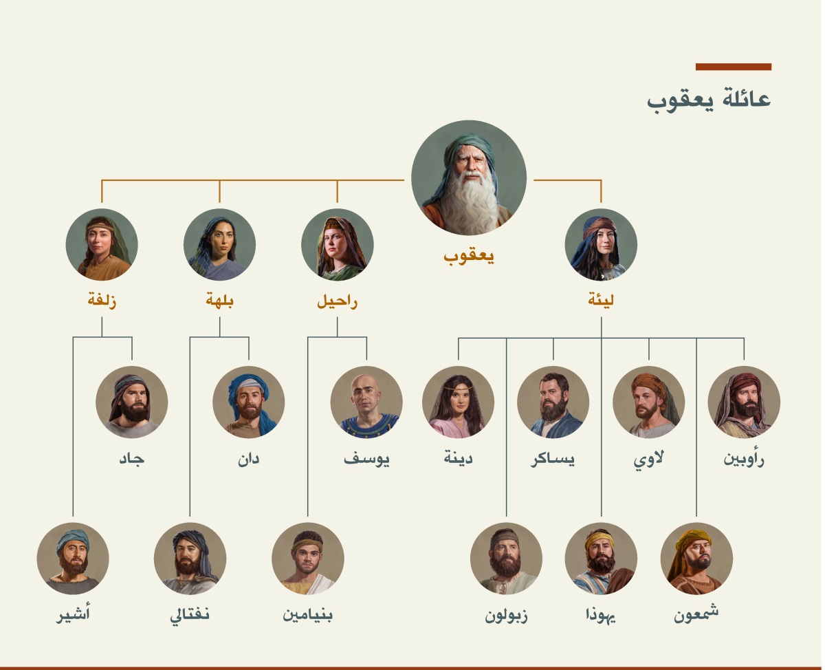 جدول لشجرة عائلة يعقوب:‏ لديه زوجتان هما ليئة وراحيل،‏ وكذلك خادمتان تزوَّجهما هما بلهة وزلفة.‏ أولاده من ليئة هم رأوبين،‏ شمعون،‏ لاوي،‏ يهوذا،‏ يساكر،‏ زبولون،‏ ودينة.‏ إبناه من راحيل هما يوسف وبنيامين.‏ إبناه من بلهة هما دان ونفتالي.‏ إبناه من زلفة هما جاد وأشير
