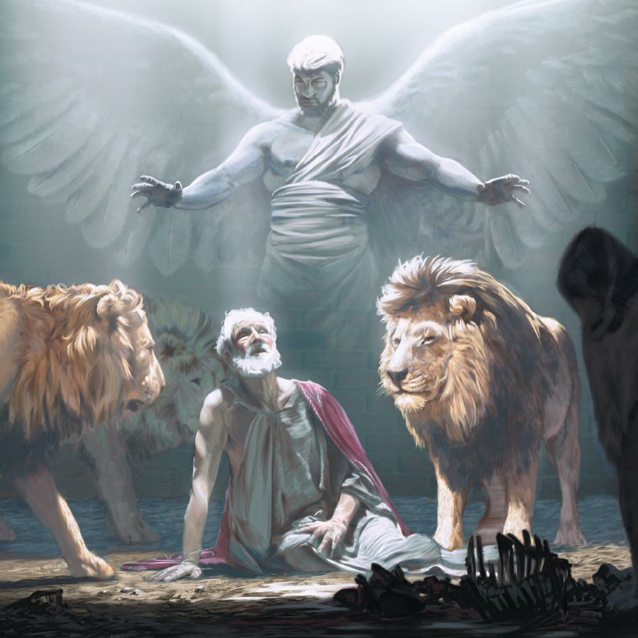 An angel protects Daniel in the lions’ pit