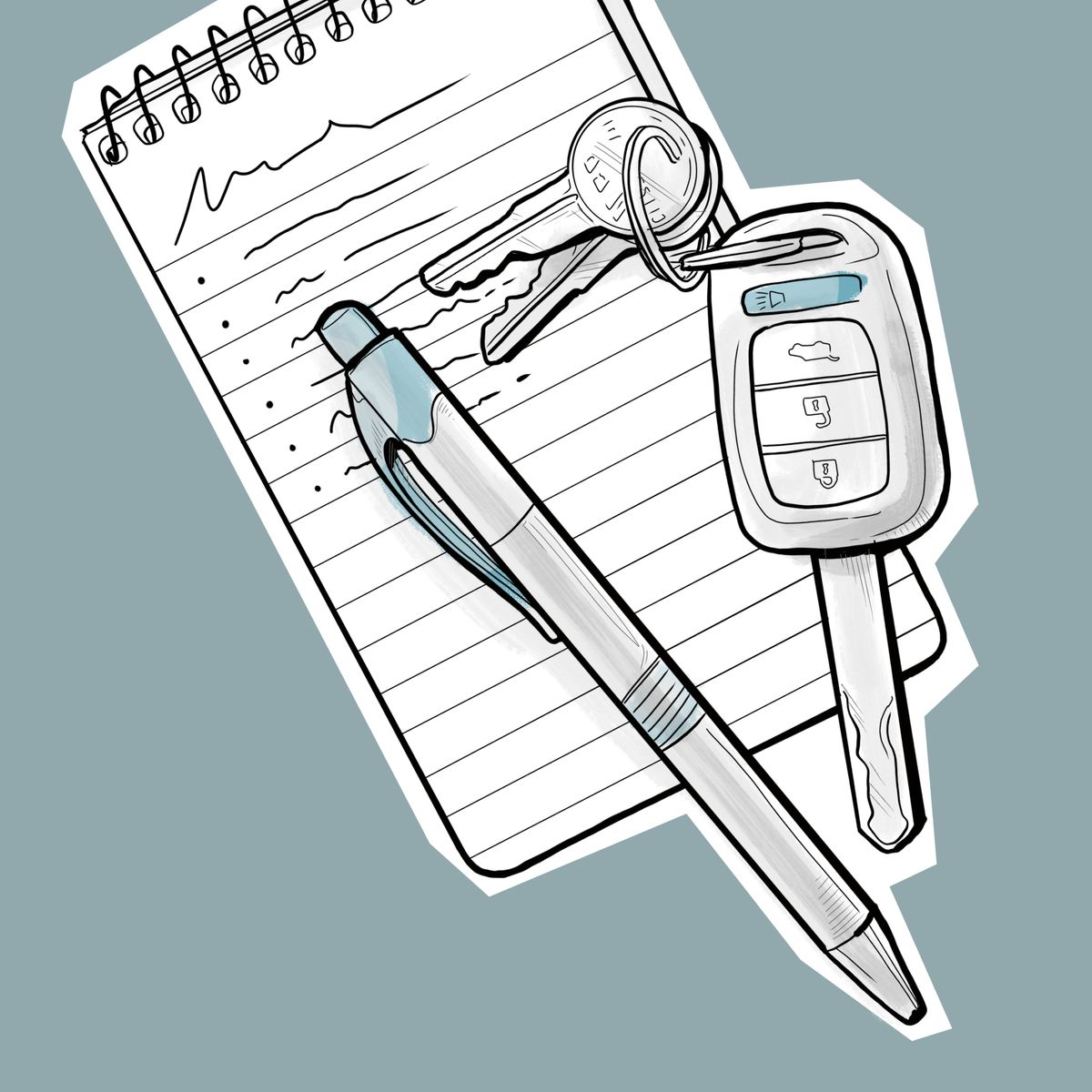 A note pad, a pen, and a set of car keys.