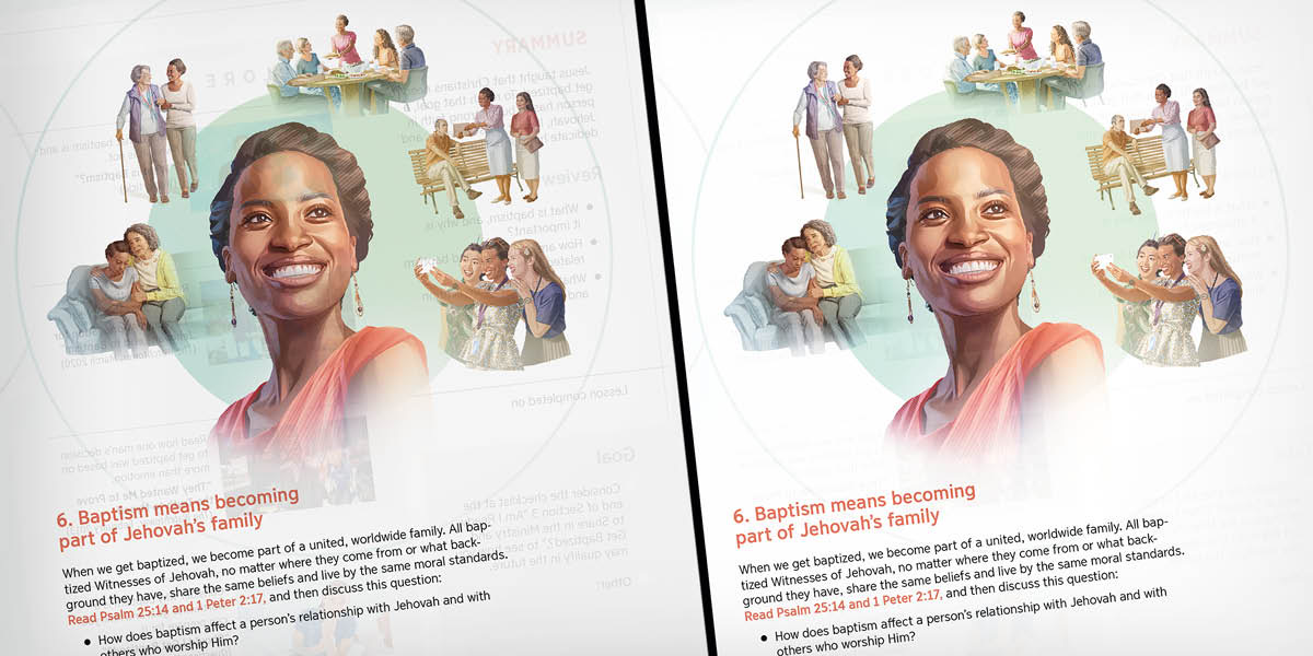 A side-by-side comparison of a printed page in the book. Collage: 1. On the left, images and text from the reverse side of the thin paper can be seen on the page. 2. On the right, images and text from the reverse side of the heavier paper cannot be seen on the page.