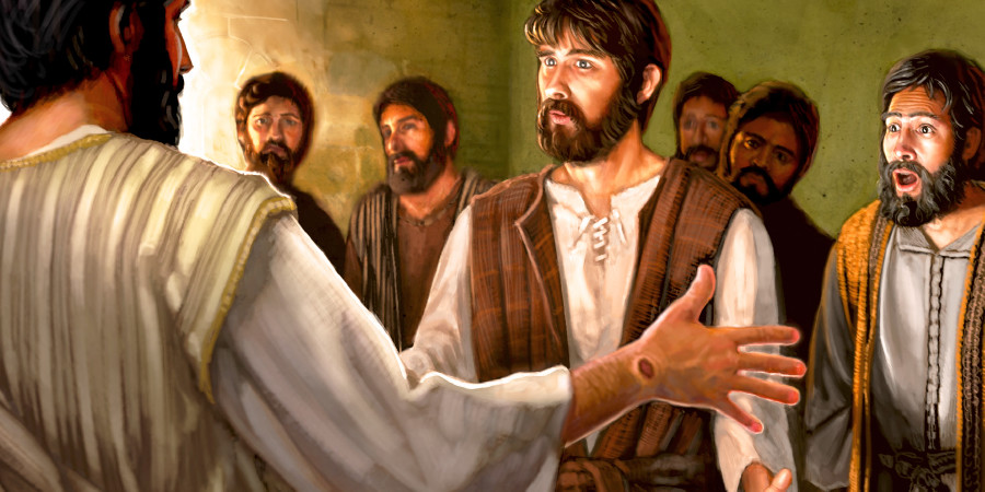 The resurrected Jesus, with a nail wound mark on his hands, appears in human form to the apostle Thomas and other disciples