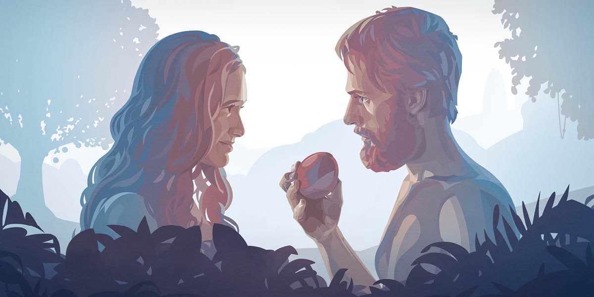 Adam and Eve in the garden looking at each other as Adam holds the fruit.