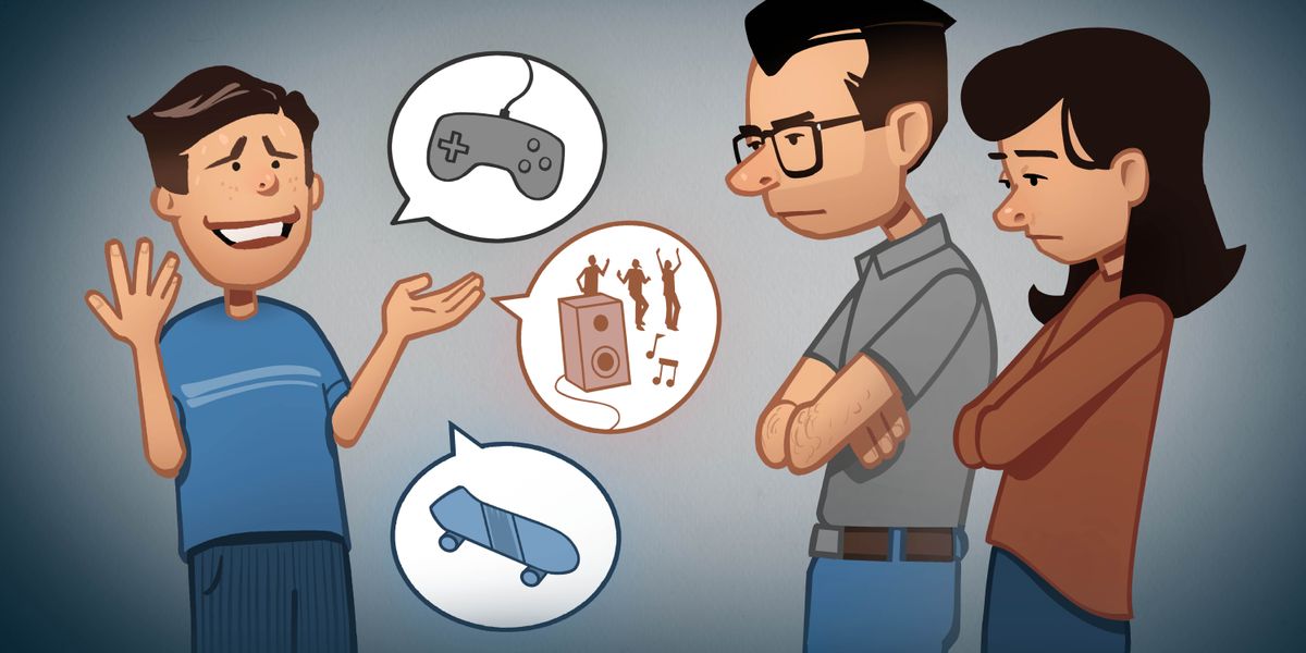 A teenage boy talking to his parents. Speech bubbles next to him show a video-game controller, young people dancing at a party, and a skateboard. His parents have their arms crossed and are frowning.