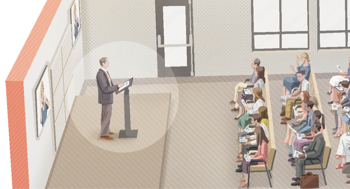  A male Witness giving a Bible-based talk from the stage during a meeting.