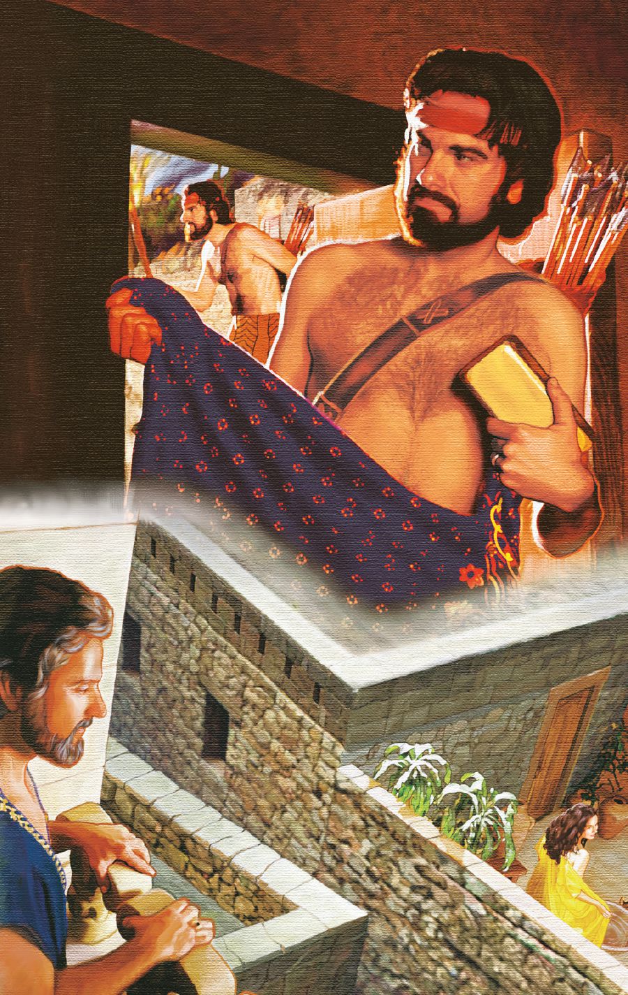 Achan holds a robe and a bar of gold; David looks at Bath-sheba