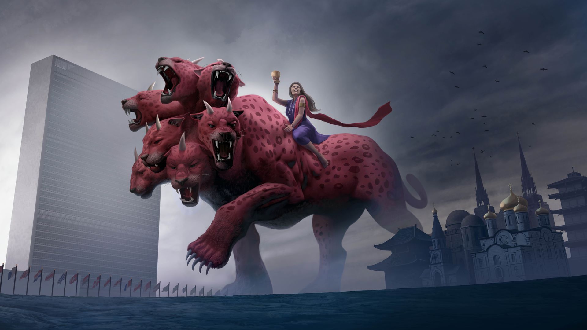 The prostitute from the book of Revelation, riding the scarlet-colored wild beast. The United Nations headquarters stands to the left of the beast, and various religious buildings stand to the right of it.