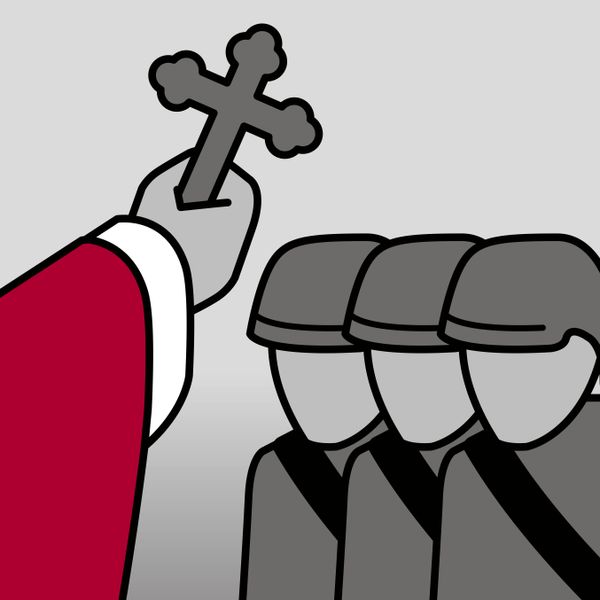 An icon of a religious leader’s hand holding a cross and blessing military troops.