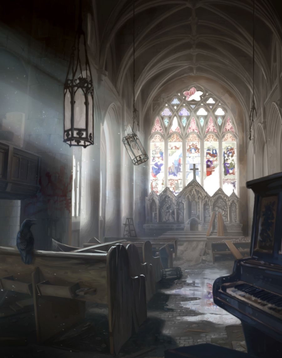The interior of a vandalized church. The furniture is smashed, the windows and pendent lights are broken, and there is graffiti on the wall.