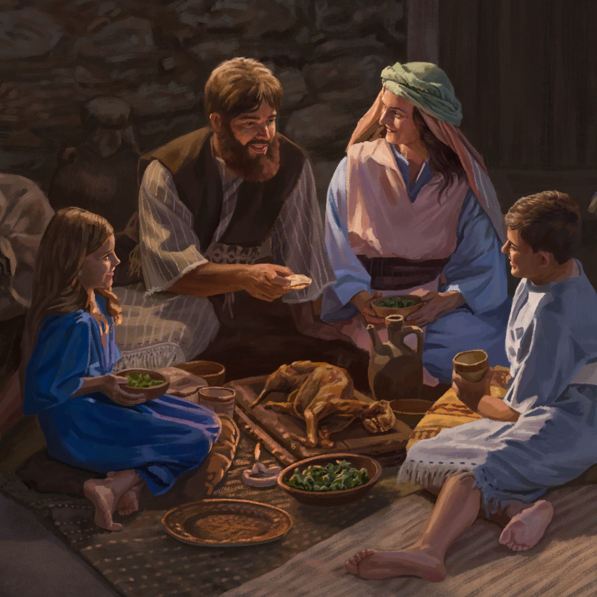 An Israelite family celebrating the Passover.