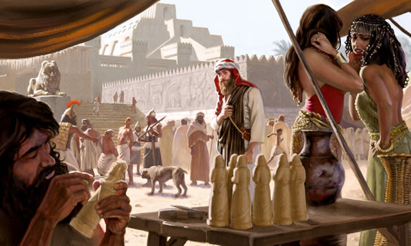 Jonah among the wicked people of Nineveh with a temple in the background