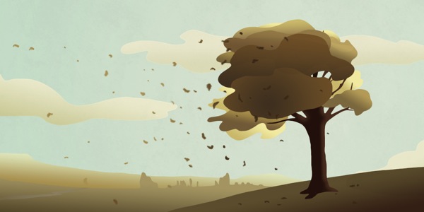 Leaves blown from a tree by the power of the wind