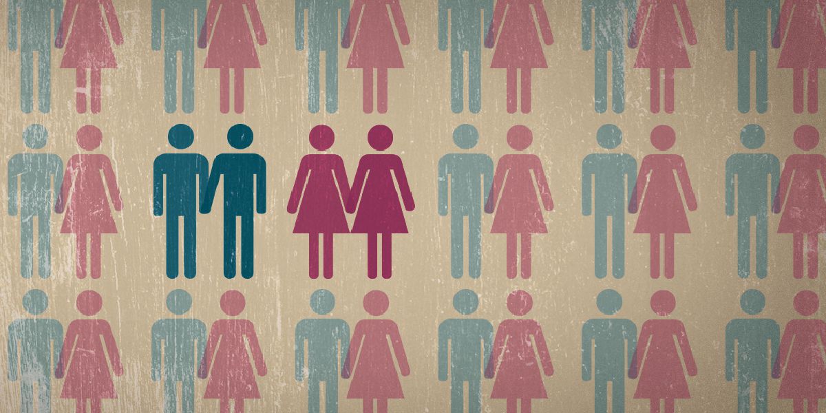 A silhouette of two men and two women holding hands