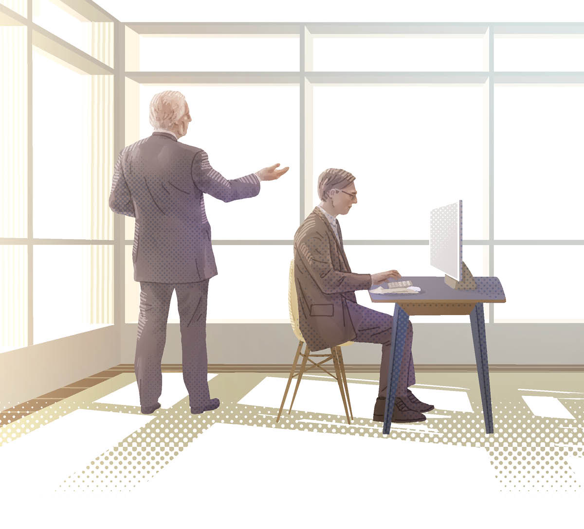 An employer dictating his thoughts to his secretary, and the secretary typing those thoughts into a letter.