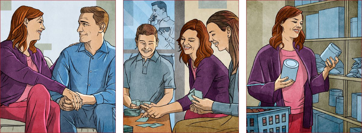 A wife speaks kindly to her husband, cares for the children while he deals with congregation matters, and shops for food