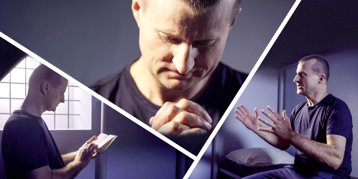 Scenes from the video “We Can Rejoice Despite Persecution.” Collage: Konstantin Bazhenov in prison. 1. He reads the Bible. 2. He prays. 3. He sings Kingdom songs aloud.